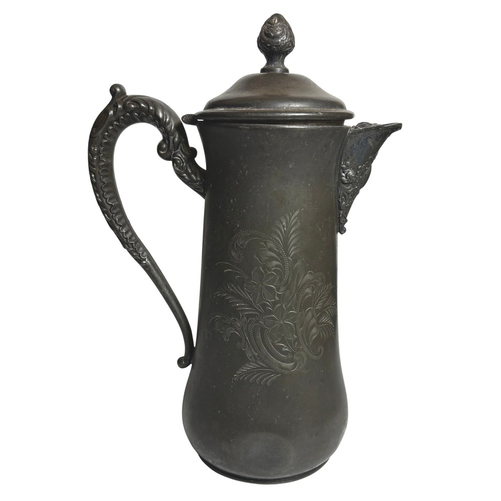 Antique‎ Silver Plated Coffee Pot with Ornate Handle and Engraved Floral Design